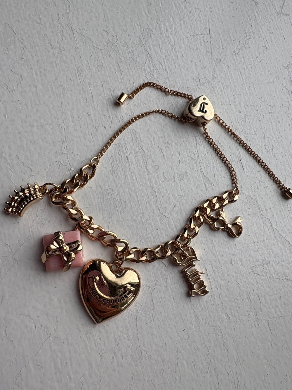 Juicy Couture Gold Charm Bracelet Pink Gift Heart Crown Y2K